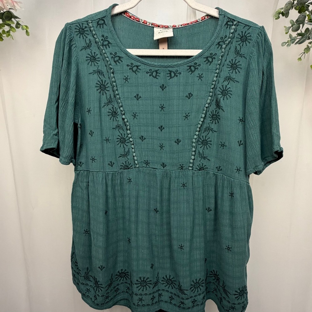 Knox Rose Women Green Embroidered Babydoll Top Short Sleeve Boho Blouse Size M
